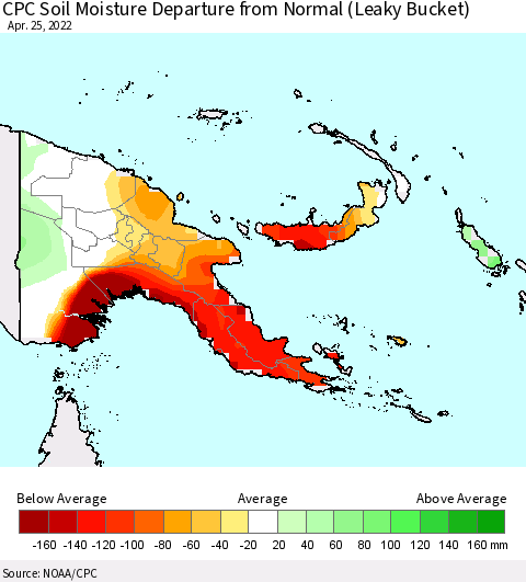 Papua New Guinea CPC Soil Moisture Departure from Normal (Leaky Bucket) Thematic Map For 4/21/2022 - 4/25/2022
