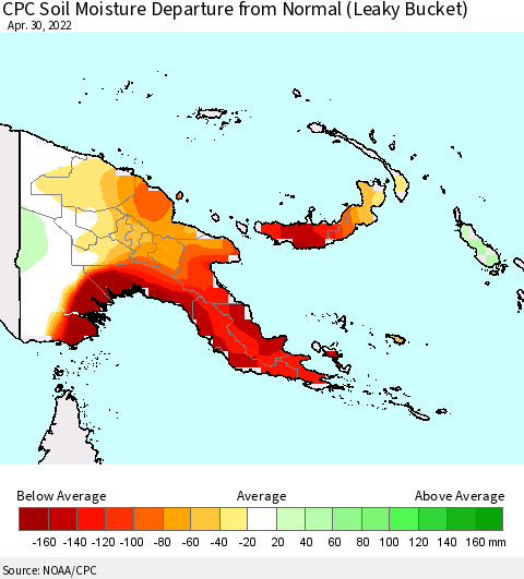 Papua New Guinea CPC Soil Moisture Departure from Normal (Leaky Bucket) Thematic Map For 4/26/2022 - 4/30/2022