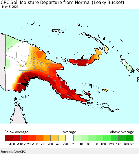 Papua New Guinea CPC Soil Moisture Departure from Normal (Leaky Bucket) Thematic Map For 5/1/2022 - 5/5/2022