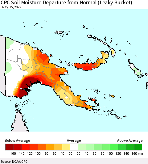 Papua New Guinea CPC Soil Moisture Departure from Normal (Leaky Bucket) Thematic Map For 5/11/2022 - 5/15/2022