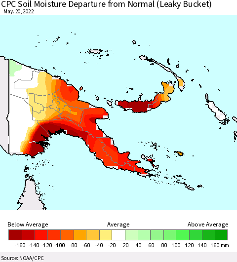 Papua New Guinea CPC Soil Moisture Departure from Normal (Leaky Bucket) Thematic Map For 5/16/2022 - 5/20/2022