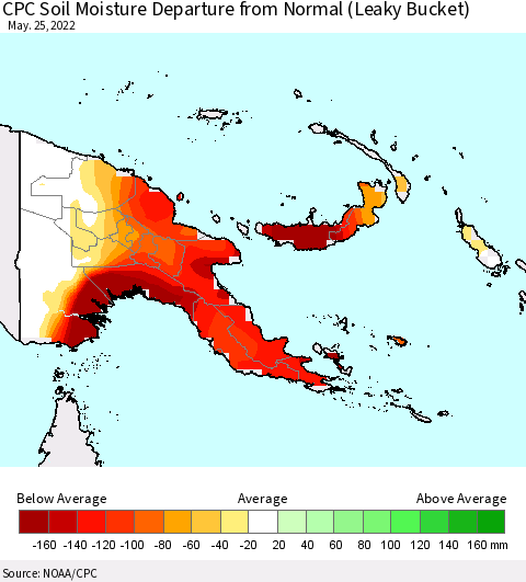 Papua New Guinea CPC Soil Moisture Departure from Normal (Leaky Bucket) Thematic Map For 5/21/2022 - 5/25/2022