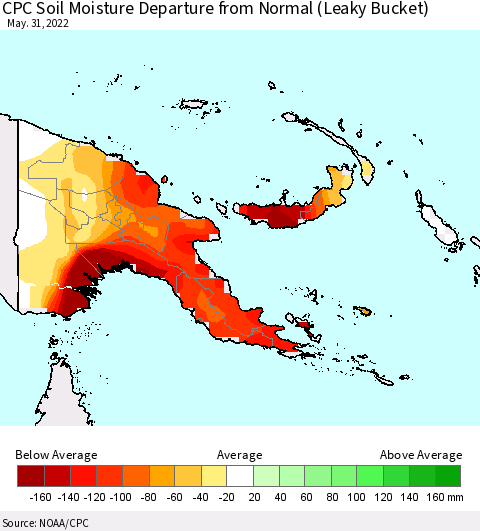Papua New Guinea CPC Soil Moisture Departure from Normal (Leaky Bucket) Thematic Map For 5/26/2022 - 5/31/2022