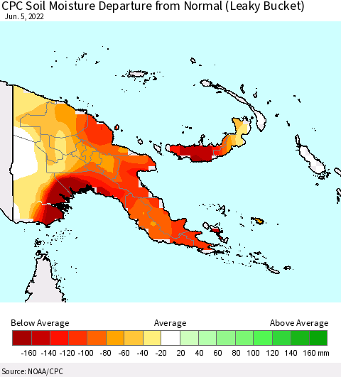 Papua New Guinea CPC Soil Moisture Departure from Normal (Leaky Bucket) Thematic Map For 6/1/2022 - 6/5/2022