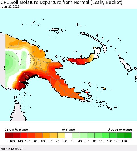 Papua New Guinea CPC Soil Moisture Departure from Normal (Leaky Bucket) Thematic Map For 6/16/2022 - 6/20/2022