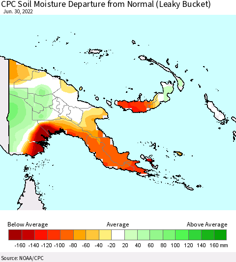 Papua New Guinea CPC Soil Moisture Departure from Normal (Leaky Bucket) Thematic Map For 6/26/2022 - 6/30/2022