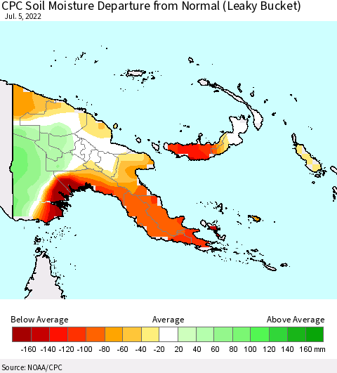 Papua New Guinea CPC Soil Moisture Departure from Normal (Leaky Bucket) Thematic Map For 7/1/2022 - 7/5/2022