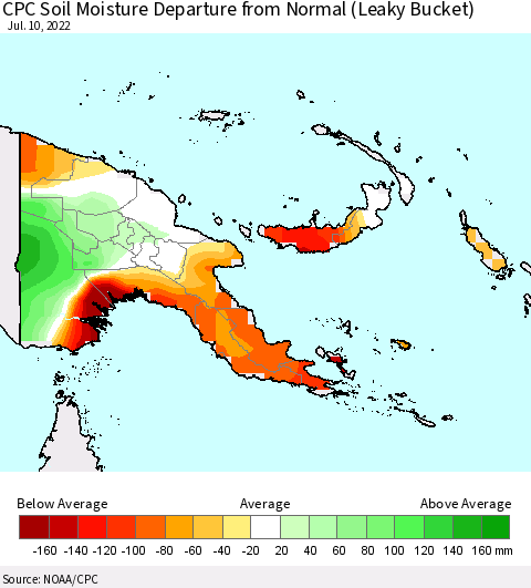 Papua New Guinea CPC Soil Moisture Departure from Normal (Leaky Bucket) Thematic Map For 7/6/2022 - 7/10/2022