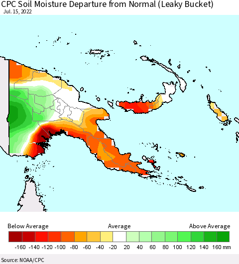 Papua New Guinea CPC Soil Moisture Departure from Normal (Leaky Bucket) Thematic Map For 7/11/2022 - 7/15/2022