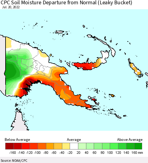 Papua New Guinea CPC Soil Moisture Departure from Normal (Leaky Bucket) Thematic Map For 7/16/2022 - 7/20/2022