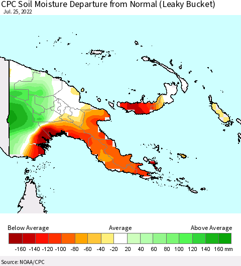 Papua New Guinea CPC Soil Moisture Departure from Normal (Leaky Bucket) Thematic Map For 7/21/2022 - 7/25/2022