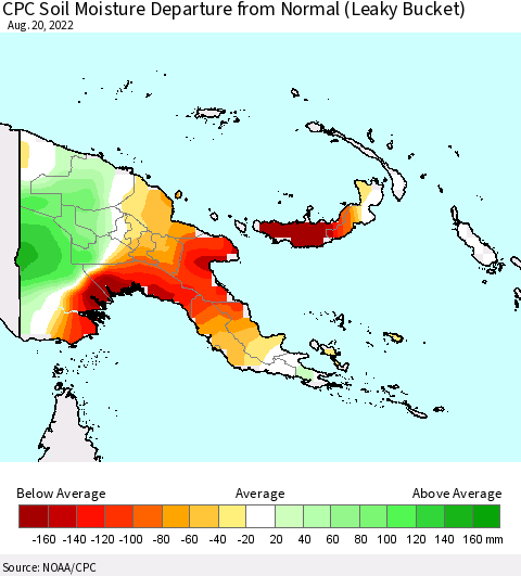 Papua New Guinea CPC Soil Moisture Departure from Normal (Leaky Bucket) Thematic Map For 8/16/2022 - 8/20/2022