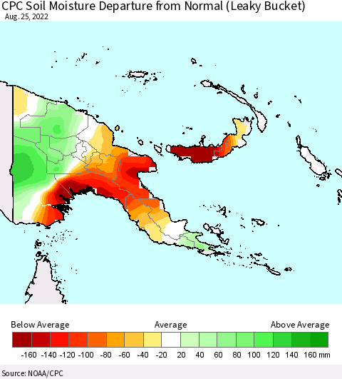 Papua New Guinea CPC Soil Moisture Departure from Normal (Leaky Bucket) Thematic Map For 8/21/2022 - 8/25/2022