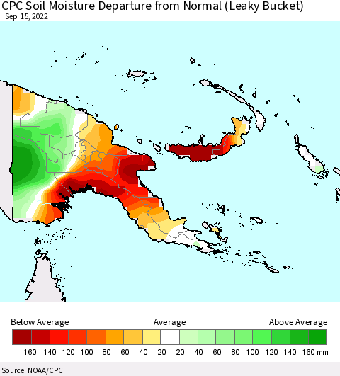 Papua New Guinea CPC Soil Moisture Departure from Normal (Leaky Bucket) Thematic Map For 9/11/2022 - 9/15/2022