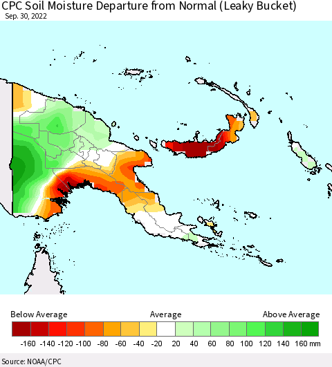 Papua New Guinea CPC Soil Moisture Departure from Normal (Leaky Bucket) Thematic Map For 9/26/2022 - 9/30/2022