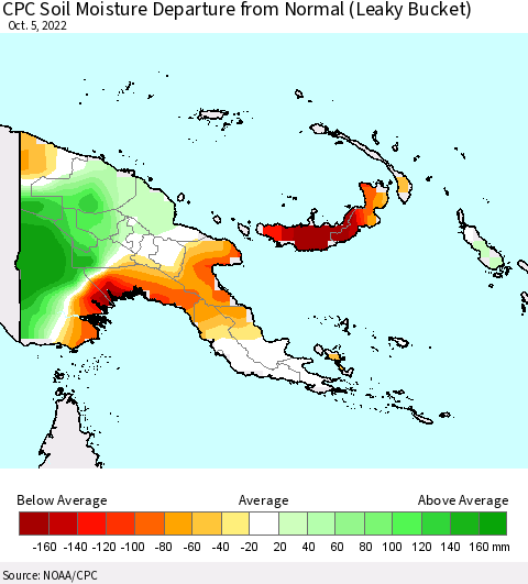 Papua New Guinea CPC Soil Moisture Departure from Normal (Leaky Bucket) Thematic Map For 10/1/2022 - 10/5/2022