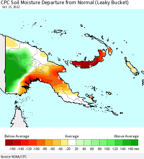 Papua New Guinea CPC Soil Moisture Departure from Normal (Leaky Bucket) Thematic Map For 10/11/2022 - 10/15/2022