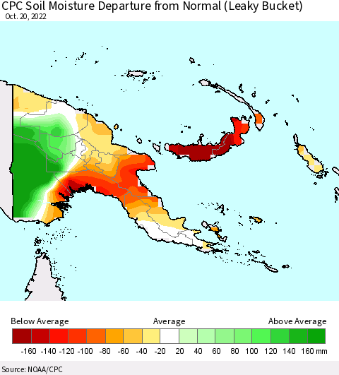 Papua New Guinea CPC Soil Moisture Departure from Normal (Leaky Bucket) Thematic Map For 10/16/2022 - 10/20/2022