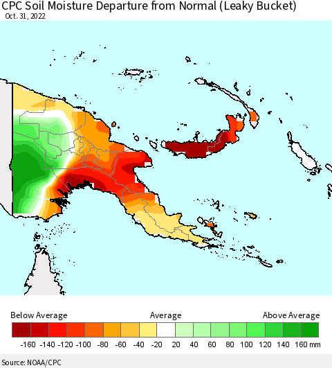 Papua New Guinea CPC Soil Moisture Departure from Normal (Leaky Bucket) Thematic Map For 10/26/2022 - 10/31/2022
