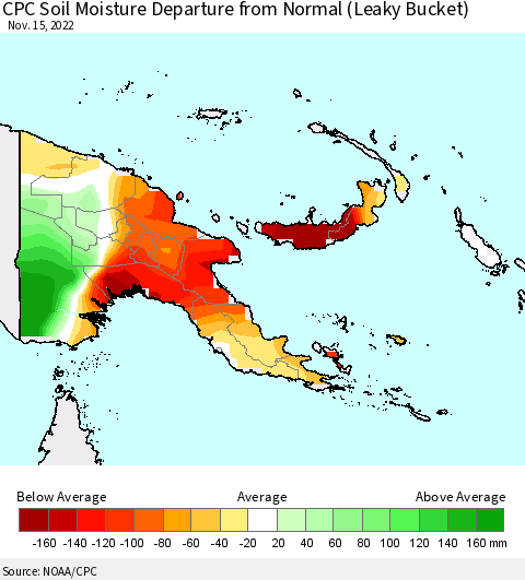 Papua New Guinea CPC Soil Moisture Departure from Normal (Leaky Bucket) Thematic Map For 11/11/2022 - 11/15/2022