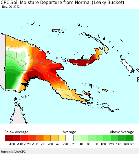 Papua New Guinea CPC Soil Moisture Departure from Normal (Leaky Bucket) Thematic Map For 11/16/2022 - 11/20/2022