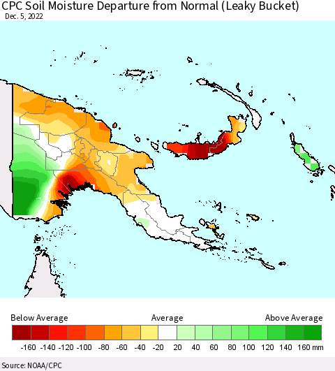 Papua New Guinea CPC Soil Moisture Departure from Normal (Leaky Bucket) Thematic Map For 12/1/2022 - 12/5/2022