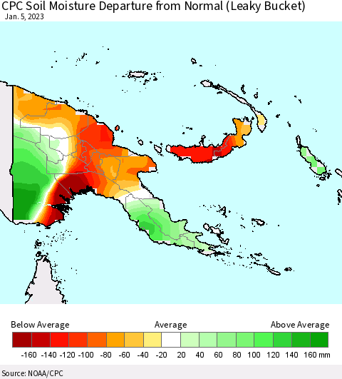 Papua New Guinea CPC Soil Moisture Departure from Normal (Leaky Bucket) Thematic Map For 1/1/2023 - 1/5/2023