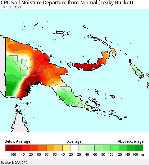 Papua New Guinea CPC Soil Moisture Departure from Normal (Leaky Bucket) Thematic Map For 1/6/2023 - 1/10/2023