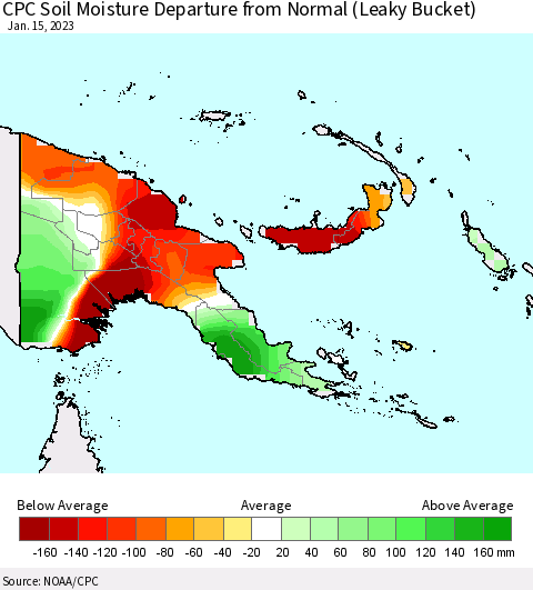 Papua New Guinea CPC Soil Moisture Departure from Normal (Leaky Bucket) Thematic Map For 1/11/2023 - 1/15/2023