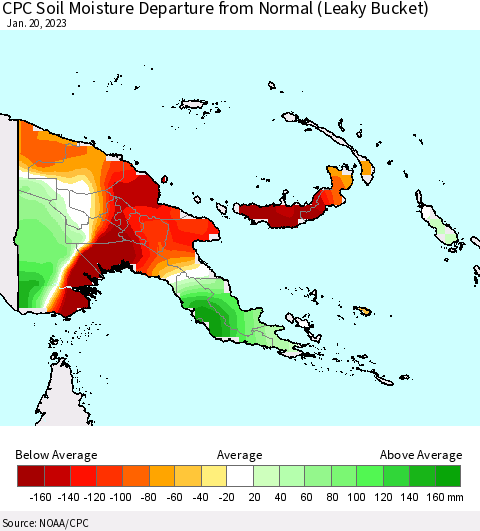 Papua New Guinea CPC Soil Moisture Departure from Normal (Leaky Bucket) Thematic Map For 1/16/2023 - 1/20/2023