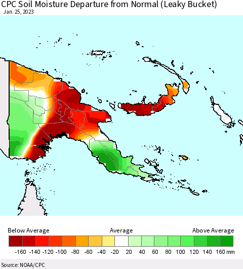 Papua New Guinea CPC Soil Moisture Departure from Normal (Leaky Bucket) Thematic Map For 1/21/2023 - 1/25/2023