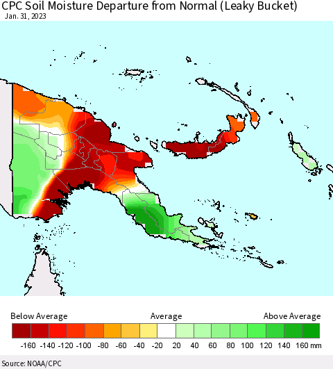 Papua New Guinea CPC Soil Moisture Departure from Normal (Leaky Bucket) Thematic Map For 1/26/2023 - 1/31/2023