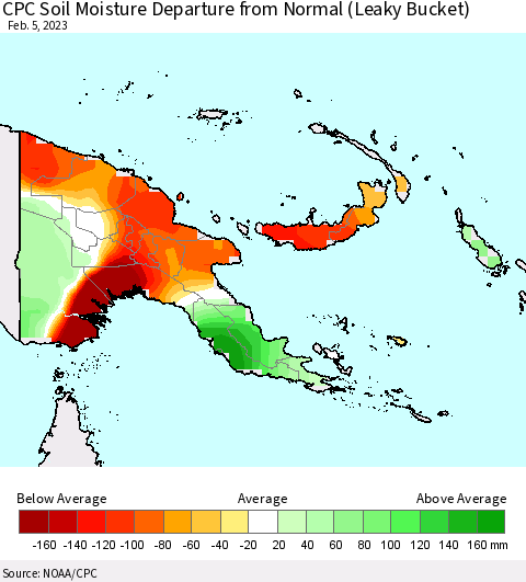 Papua New Guinea CPC Soil Moisture Departure from Normal (Leaky Bucket) Thematic Map For 2/1/2023 - 2/5/2023