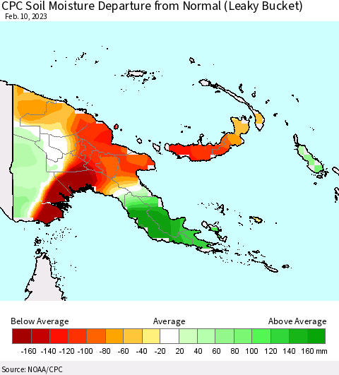 Papua New Guinea CPC Soil Moisture Departure from Normal (Leaky Bucket) Thematic Map For 2/6/2023 - 2/10/2023
