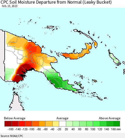 Papua New Guinea CPC Soil Moisture Departure from Normal (Leaky Bucket) Thematic Map For 2/11/2023 - 2/15/2023