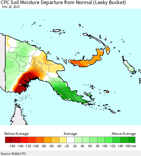Papua New Guinea CPC Soil Moisture Departure from Normal (Leaky Bucket) Thematic Map For 2/16/2023 - 2/20/2023