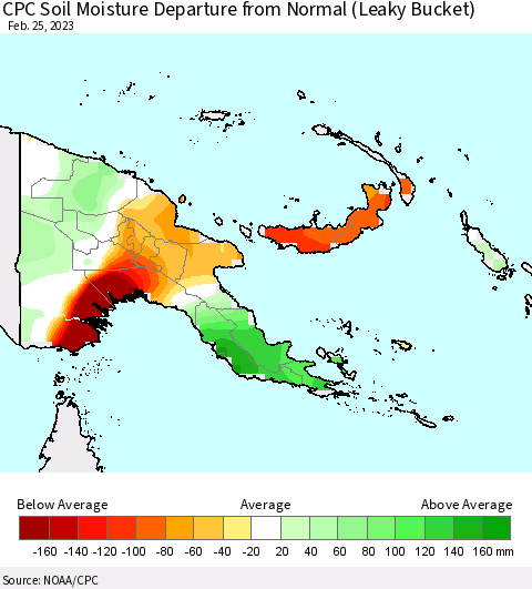 Papua New Guinea CPC Soil Moisture Departure from Normal (Leaky Bucket) Thematic Map For 2/21/2023 - 2/25/2023