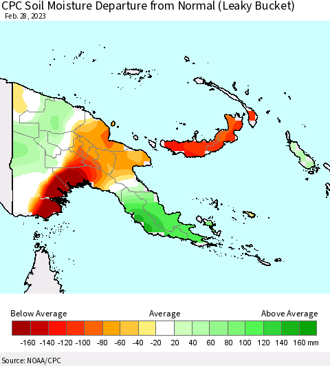 Papua New Guinea CPC Soil Moisture Departure from Normal (Leaky Bucket) Thematic Map For 2/26/2023 - 2/28/2023