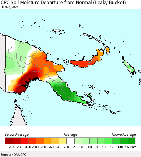 Papua New Guinea CPC Soil Moisture Departure from Normal (Leaky Bucket) Thematic Map For 3/1/2023 - 3/5/2023