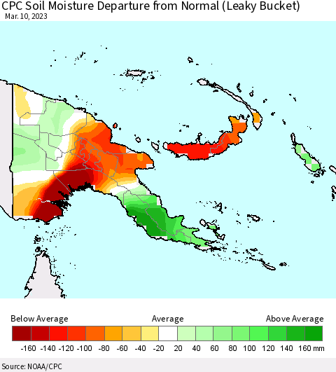 Papua New Guinea CPC Soil Moisture Departure from Normal (Leaky Bucket) Thematic Map For 3/6/2023 - 3/10/2023