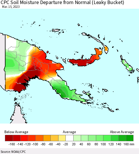 Papua New Guinea CPC Soil Moisture Departure from Normal (Leaky Bucket) Thematic Map For 3/11/2023 - 3/15/2023