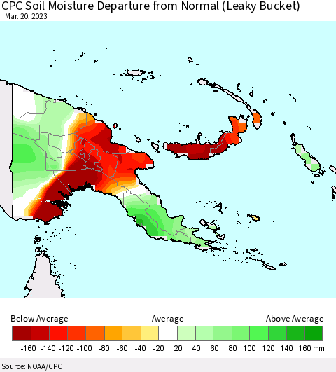 Papua New Guinea CPC Soil Moisture Departure from Normal (Leaky Bucket) Thematic Map For 3/16/2023 - 3/20/2023