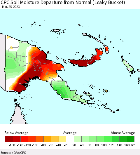 Papua New Guinea CPC Soil Moisture Departure from Normal (Leaky Bucket) Thematic Map For 3/21/2023 - 3/25/2023