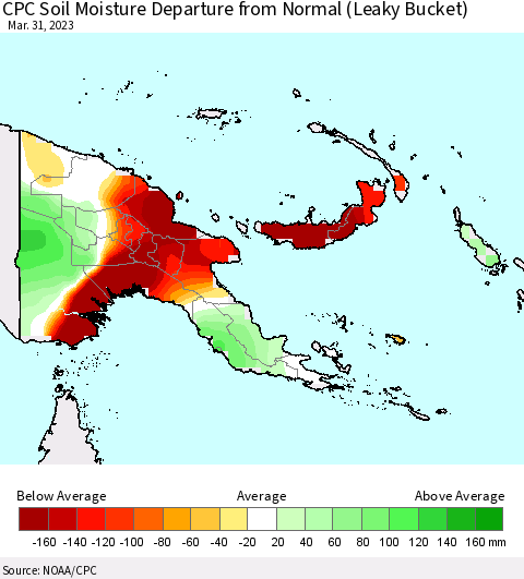 Papua New Guinea CPC Soil Moisture Departure from Normal (Leaky Bucket) Thematic Map For 3/26/2023 - 3/31/2023
