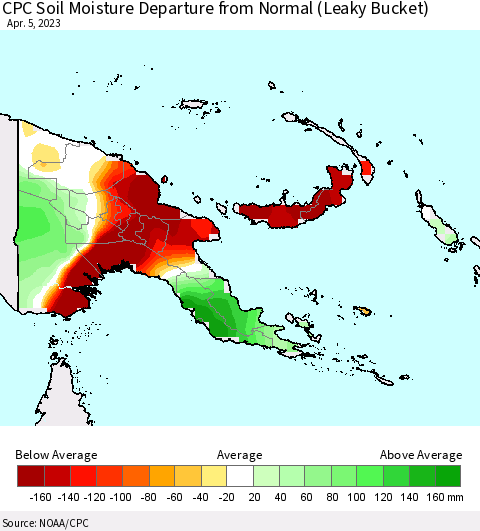 Papua New Guinea CPC Soil Moisture Departure from Normal (Leaky Bucket) Thematic Map For 4/1/2023 - 4/5/2023