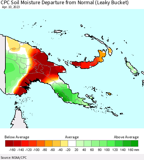 Papua New Guinea CPC Soil Moisture Departure from Normal (Leaky Bucket) Thematic Map For 4/6/2023 - 4/10/2023