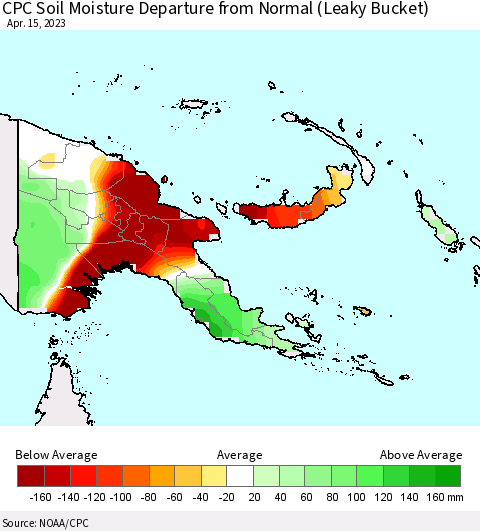 Papua New Guinea CPC Soil Moisture Departure from Normal (Leaky Bucket) Thematic Map For 4/11/2023 - 4/15/2023