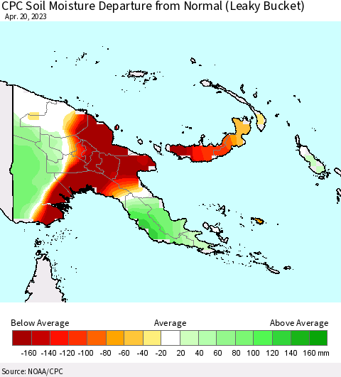 Papua New Guinea CPC Soil Moisture Departure from Normal (Leaky Bucket) Thematic Map For 4/16/2023 - 4/20/2023
