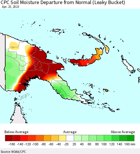 Papua New Guinea CPC Soil Moisture Departure from Normal (Leaky Bucket) Thematic Map For 4/21/2023 - 4/25/2023