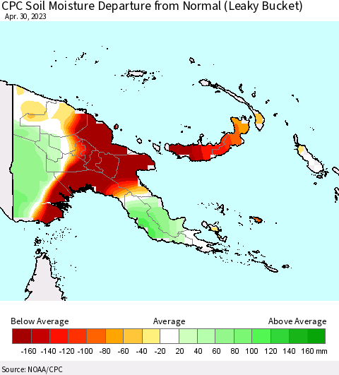Papua New Guinea CPC Soil Moisture Departure from Normal (Leaky Bucket) Thematic Map For 4/26/2023 - 4/30/2023